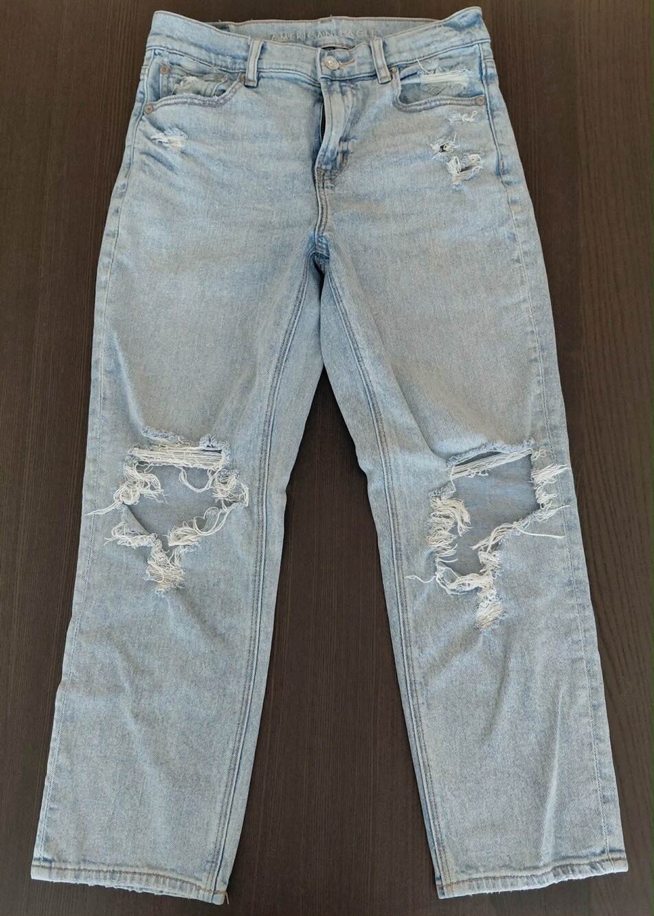 American Eagle Jeans Women Light Wash Super High Rise Ankle Straight Distressed